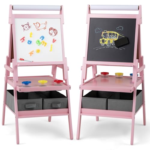 COSTWAY 3-in-1 Tafel Kinder, doppelseitige Kindertafel mit Papierrolle & magnetischer Kreidetafel & Whiteboard, inkl. 3 Farbbechern & 2 Boxen, Staffelei für Kinder ab 3 Jahren (Rosa) von COSTWAY