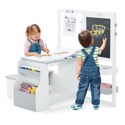 COSTWAY 6 in 1 Kinder Staffelei Set, Standtafel aus Holz mit doppelseitiger Kreidetafel & Whiteboard & Papierrolle, Kindertafel höhenverstellbar mit Bank, Ablagen für Kinder ab 3 Jahren (Hellgrau) COSTWAY 6 in 1 Kinder Staffelei Set, Standtafel aus Holz mit doppelseitiger Kreidetafel & Whiteboard & Papierrolle, Kindertafel höhenverstellbar mit Bank, Ablagen für Kinder ab 3 Jahren (Hellgrau) von COSTWAY
