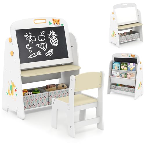 COSTWAY Kinder Staffelei mit Stuhl, Kindertafel mit Bücherregal & Magnetischer Kreidetafel & Weißtafel, Doppelseitige Spieltafel mit Stoffkiste, Tafel Kinder zu Zeichnen, Lesen und Schreiben (Natur) COSTWAY Kinder Staffelei mit Stuhl, Kindertafel mit Bücherregal & Magnetischer Kreidetafel & Weißtafel, Doppelseitige Spieltafel mit Stoffkiste, Tafel Kinder zu Zeichnen, Lesen und Schreiben (Natur) von COSTWAY