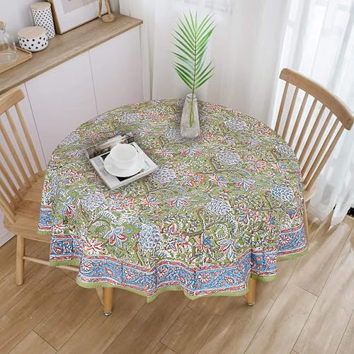 COTSILER Handblock-Tischdecke, 100 % Baumwolle, rund, waschbar, dekorative Tischdecken, ideal für Veranstaltungen, Zuhause, Partys, Feiern (Grün-D11, 183 cm rund) von COTSILER