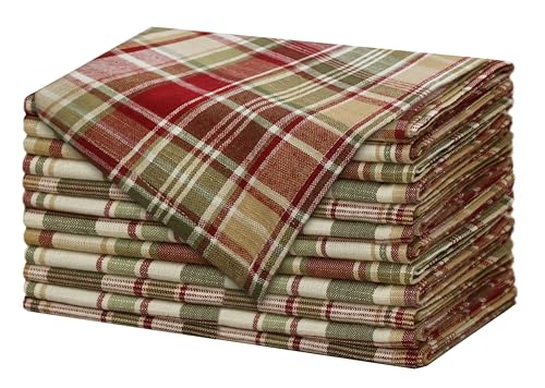 COTTON CRAFT Stoffservietten, kariert, weich, 100 % Baumwolle, mit gehrten Ecken, für Herbst, Erntedankfest, Urlaub, Abendessen, langlebig, wiederverwendbar, 43,2 x 43,2 cm, Burgunderrot, Grün von COTTON CRAFT