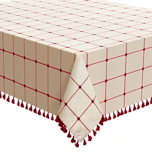 COTTONIVA Tischdecke - 100% Baumwolle, 140x140 cm quadratisch, Weich, Strapazierfähig und Pflegeleicht, Ideal für Esszimmer, Feiern und den Alltag - Hochwertige Baumwolle-Tischdecke Crème Rot von COTTONIVA