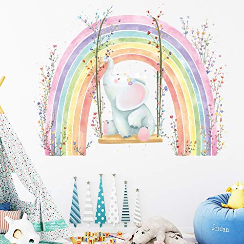 COVPAW® Wandtattoo Wandaufkleber Guten Nacht Baby Kaninchen auf Mond Elefant Regenbogen Hippo Harfe Wandsticker Wandbild Bilder Babyzimmer Schlafzimmer Spielraum Deco Kind Jungen Mädchen (A) von COVPAW