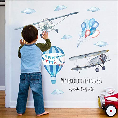 COVPAW® Wandtattoo Wandaufkleber Heißluftballon Flugzeug Blau SKizze Baby Wandsticker Wandbild Bilder Babyzimmer Schlafzimmer Spielraum Deco Kind Jungen Mädchen von COVPAW