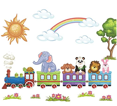 COVPAW® Wandtattoo Wandaufkleber Tiere in Zug Eisenbahn Regenbogen Baby Wandsticker Wandbild Bilder Babyzimmer Schlafzimmer Spielraum Deco Kind Jungen Mädchen (A) von COVPAW