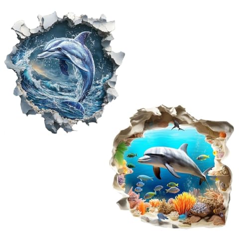 COVPAW 2x 3D Wandaufkleber Delfin, Wandtattoo Meer Ozean Unterwasserwelt Motiv, 29,1 x 29,3 cm, 2er Set Kinderzimmer Wohnzimmer Küche usw. (2 Dophins) von COVPAW