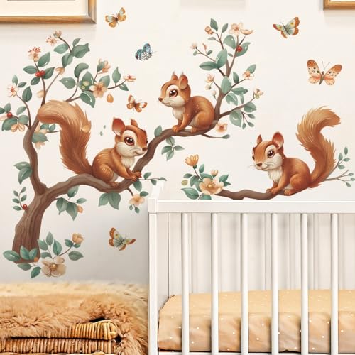 COVPAW Wandtattoo 3 Eichhörnchen Ast Wald Tier Dschungel Wandaufkleber Baum Wandsticker Kinderzimmer Babyzimmer Schlafzimmer Kindergarten Dekoration (3 Squirrals) von COVPAW