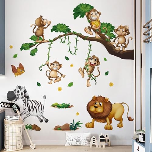 COVPAW Wandtattoo Affen Dschungel Löwe Schaukel Reben Wandaufklebe Kinderzimmer Affen Baum Wald Tier Wandsticker Babyzimmer Schlafzimmer Wanddeko von COVPAW