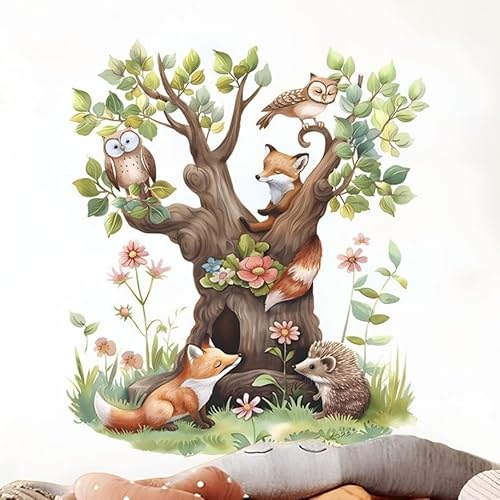 COVPAW Wandtattoo Baumhaus Wald Tier Dschungel Eule Fuchs Igel Wandaufkleber Großer Baum Wandsticker Grünland Kinderzimmer Babyzimmer Schlafzimmer Wanddeko (Tierbaum241020) von COVPAW