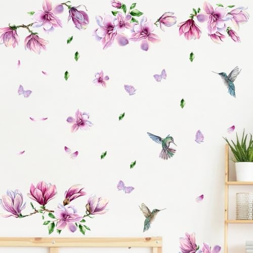 COVPAW Wandtattoo Blumen Magnolie Wandaufkleber Wohnzimmer Schlafzimmer Vogel Ast Schmetterlingen Iila Blüten Baum Grün Wandsticker Kinderzimmer Küche Flur Wanddeko (Magnolie1) von COVPAW