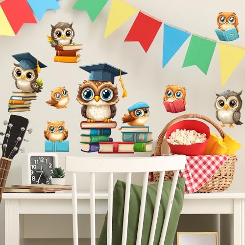 COVPAW Wandtattoo Eulen mit Büchern und Doktorhut, Selbstklebende Wandaufkleber für Kinderzimmer Wohnzimmer, 90 x 30 cm, PVC Dekoration für Wand Möbel Tür Fenster usw. (Dr. Eule und Seine Studenten) von COVPAW