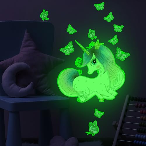 COVPAW Wandtattoo Leuchtend Einhorn Kinderzimmer Leuchtsticker Einhorn Leuchtend Wandaufkleber Mädchenzimmer Schmetterlingen Leuchtaufkleber Fluoreszierend Wandaufkleber Babyzimmer Deko (A) von COVPAW