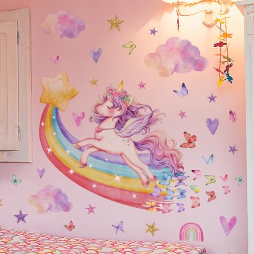 COVPAW Wandtattoo Regenbogen Einhorn Wandaufkleber Blumen Wolken Schmetterlinge Mädchen Wandsticker Wanddeko für Mädchenzimmer Kinderzimmer Babyzimmer (Einhorn auf Regenbogen) von COVPAW