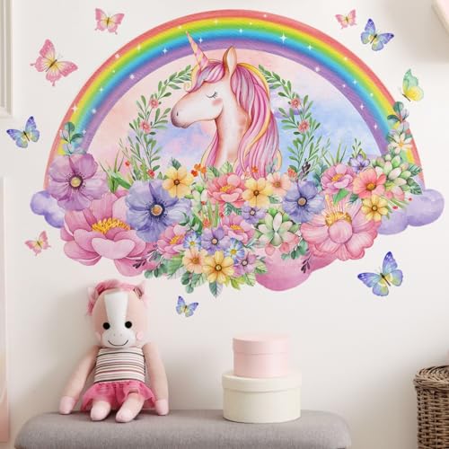 COVPAW Wandtattoo Regenbogen Einhorn Wandaufkleber Blumen Wolken Schmetterlinge Mädchen Wandsticker Wanddeko für Mädchenzimmer Kinderzimmer Babyzimmer (Einhorn unter dem Regenbogen) von COVPAW