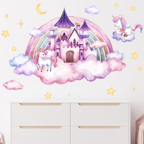 COVPAW Wandtattoo Regenbogen Schloss Einhorn Wandaufkleber Blumen Wolken Schmetterlinge Mädchen Wandsticker Wanddeko für Mädchenzimmer Kinderzimmer Babyzimmer (Regenbogen Einhorn Schloss) von COVPAW