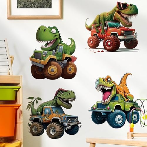 COVPAW Wandtattoo Wandaufkleber 4x Dinosaurier Wagen Kinderzimmer Wohnzimmer Kindergarten usw. Drachen Wandsticker Wanddeko Babyzimmer Schlafzimmer Jungezimmer Geschenk Junge (Dinowagen) von COVPAW