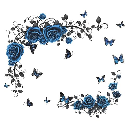 COVPAW Wandtattoo Wohnzimmer Blaue Rosen Rebe Schmetterlingen Wandaufkleber Schlafzimmer Wandsticker Kinderzimmer Küche Büro Wanddekoration (Blau) von COVPAW