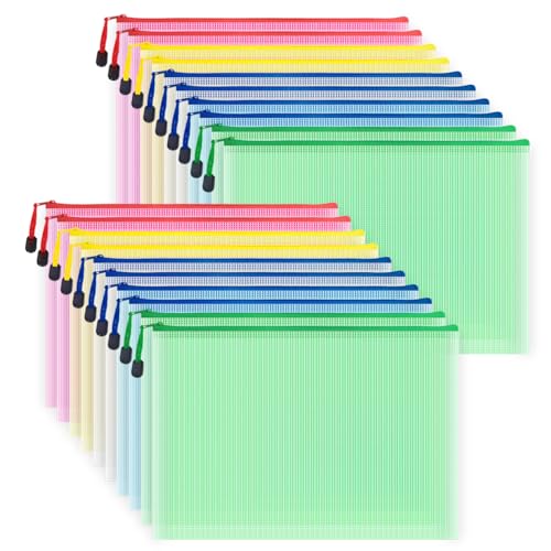 COWORK-UP 20 Stücke Dokumententasche, Kunststoff Datei Taschen mit Reißverschluss für Datei, Papier, Dokumente, Kosmetika, Hausaufgaben und Reisezubehör (Größe A4-Bunt) von COWORK-UP