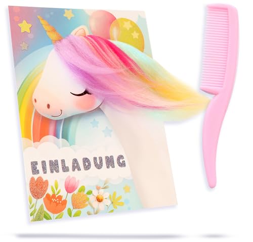 8X Magische Einhorn-Einladungen – Mit ECHTER, bunter MÄHNE zum Kämmen & Stylen! (inkl. Kämme & Umschläge) – Kinder Geburtstagseinladungen für Mädchen – Perfekt für Einhorn-Partys! von COXZD