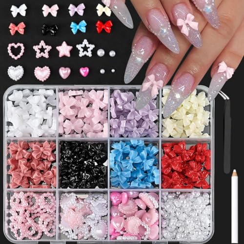 COYUN 1 Schachtel Nagelanhänger mit Schleife Weiß Rosa Schwarz Schleife 3D Süße Nagelanhänger Flache Rückseite Flacher Schleifenknoten Nagelstecker Strasssteine für Nägel DIY Kunsthandwerk von COYUN
