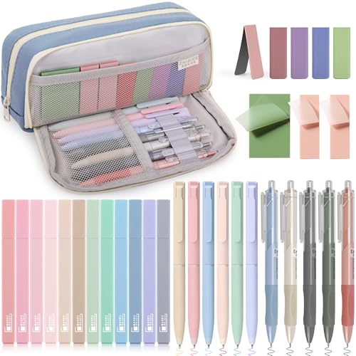 COZCLAM 32pcs Schulsachen Aesthetic mit Blau Mäppchen, 12 Textmarker Pastell, 6 Farbstifte, 5 Schwarze Stifte, 5 Magnetische Lesezeichen und 3 Haftnotizen für Schüler Schulbedarf von COZCLAM