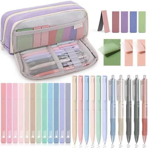 COZCLAM 32pcs Schulsachen Aesthetic mit Lila Mäppchen, 12 Textmarker Pastell, 5 Schwarze Gelstifte, 6 Farbstifte, 5 Lesezeichen und Haftnotizen, Aesthetic School Stuff Clean Girl Schule Zubehör von COZCLAM