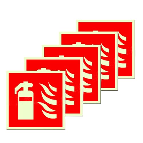 COZERI 5 Stk Schild Feuerlöscher Selbstklebend Nachleuchtend 15x15 cm Hochwertiges PVC Brandschutzzeichen für Haus Büro Baustelle und Auto Sicherheitsmarkierung Nach ISO für optimale Sichtbarkeit von COZERI