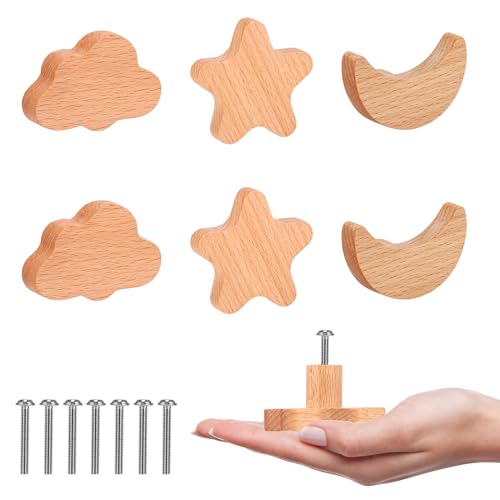 COZHYESS Möbelknöpfe, 6 x 2,36 cm, Massivholz, Schrankknauf, niedlicher Stern, Wolke, Mond, Ziehgriff, Dekoration mit Schrauben, für Heimdekoration, Schrank, Kleiderschrank, 6 Stück von COZHYESS