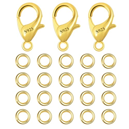 Karabinerverschlüsse, 14 Karat vergoldet, 10 mm, mit offenen Binderingen, Schmuckherstellungs-Set, 925er-Sterlingsilber, Schmuckzubehör, kleine goldene Karabinerverschlüsse für Halsketten, Armbänder Karabinerverschlüsse, 14 Karat vergoldet, 10 mm, mit offenen Binderingen, Schmuckherstellungs-Set, 925er-Sterlingsilber, Schmuckzubehör, kleine goldene Karabinerverschlüsse für Halsketten, Armbänder von COZLANE
