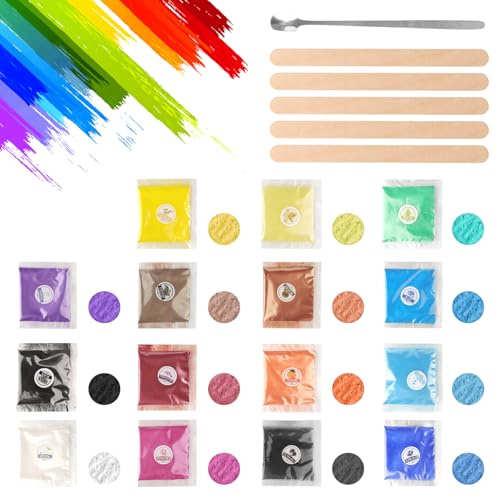 Gießpulver Set in 15 Farben 5g, Farbpigmente für Gießpulver mit Metal Löffel und 5 Holzstäbchen, Pearlescent Mica Powder, Epoxidharz Farbe für DIY Kunst, Gießharz, Seife, Kerzen und Bastelprojekte von CPENG