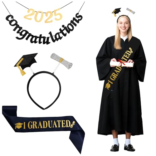 Prüfung Bestanden Abschluss Schärpe + Haarband + Congratulations Banner, 2025 Graduation Deko Set 3-teilig, Bestandene Prüfung Geschenk, Abitur 2025 Geschenke für Klassenkameraden und Freunde von CPENG