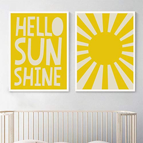 Badezimmer-Wandkunst gelbes Hello Sunshine-Zitat Wandkunst Poster und Drucke Kinderzimmer Leinwand Gemälde Wandkunst Bilder Spielzimmer Kinderzimmer Wohnkultur 40x60cmx2 ungerahmt von CPGG