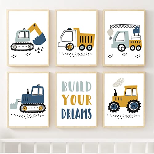 CPGG 6 Stück Kran Bagger Traktor Cartoon Wandkunst Leinwand Malerei Nordische Poster und Drucke Wandbilder für Baby Kinderzimmer Dekor-40 * 50cm (Ungerahmt) von CPGG