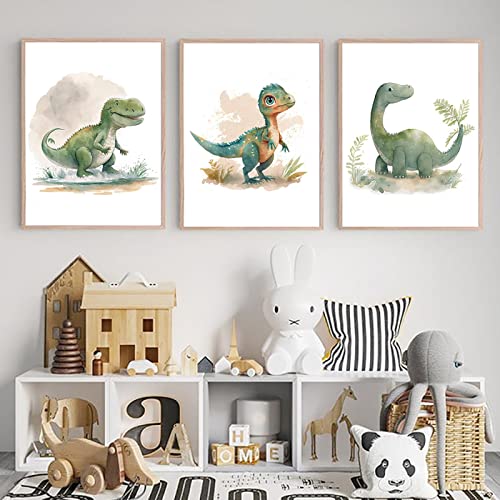 CPGG Kinderbilder 3-Teilig Cartoon-Dinosaurier Dschungel Dino Babyparty Poster Kinderzimmer Leinwand Gemälde Wandkunst Druck Bild Kinder Kinderzimmer Zimmerdekoration-A4*3 (Kein Rahmen) von CPGG