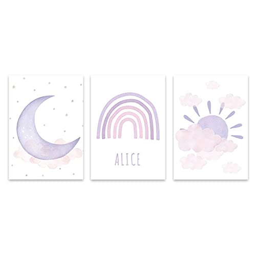 CPGG Kinderzimmer-3-Teiliges Wandposter Lila Regenbogen Mond Sonne Leinwandmalerei Kinderzimmer Poster Nordische Wandbilder Baby Mädchen Raumdekoration-20X30Cm (Kein Rahmen) von CPGG