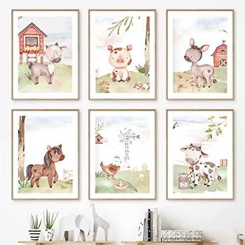 CPGG Set von 6 Pferd Kuh Schwein Huhn Bauernhof Tiere Kinderzimmer Wandkunst Leinwand Malerei Nordische Poster und Drucke Wandbild Baby Kinderzimmer Dekor-40x50cm (Kein Rahmen) von CPGG