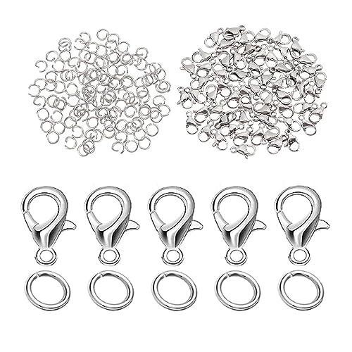 CPRNQY 200 Stück Armbandschnallen, 100 Karabinerverschlüsse und 100 Runde Offene Schlaufen, Silbergrau, Schmuckverschlüsse für DIY Armbänder und Ketten von CPRNQY