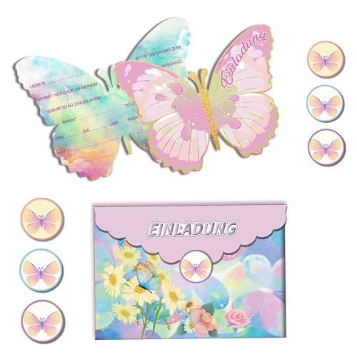 CPRNQY 12 Stück Einladungskarten Mädchen Schmetterling Party, Mädchen Geburtstag Einladungskarten Mit Umschlägen Und Aufklebern von CPRNQY