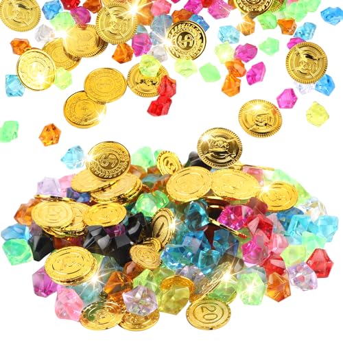 CPROSP 300x Goldmünzen Piratenschatz, 150x Münzen für Kinder, 150x Schmucksteine, 5x Piraten-Tattoos, Piratenparty Mitgebsel zum Dekorieren von Piratenpartys und Geburtstagen Kindergeburtstag von CPROSP