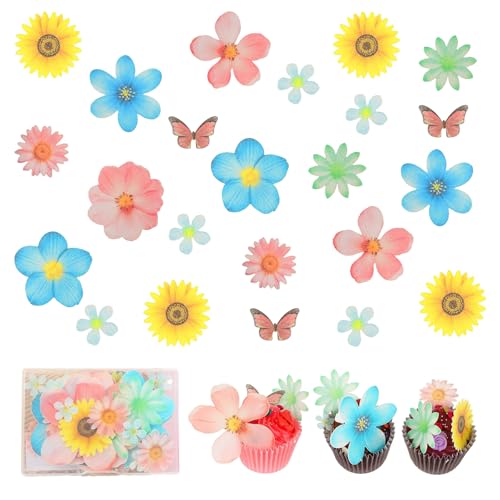 CPYJW 55 Stück Essbare Blumen-Schmetterlinge Kuchenaufsatz,Tortendeko Cupcake Deko Oblatenpapier-Blumen Gemischte Größe für Tropisches Luau-Motto Geburtstag Babyparty Partyzubehör von CPYJW