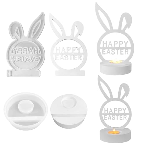 Silikonformen Gießformen Kerzenhalter, Silikonformen Ostern, Ostern Kaninchen Silikonform Kerzenhalter, 3D Hase Silikon Gießform Kerzenhalter für Stabkerzen (Happy Easter kerzenhalter) von CRADMPAT