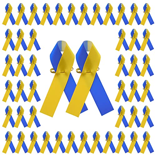 CRAFFANCY 100 Stück blaue und gelbe Bandnadeln, Satinband, Pin-Down-Syndrom-Bewusstseins-Abzeichen mit Sicherheitsnadeln für Damen und Herren, Event-Dekoration von CRAFFANCY