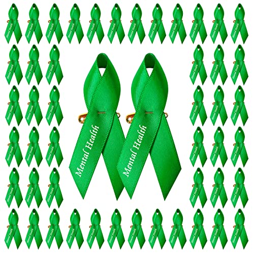 CRAFFANCY 100 Stück grüne psychische Gesundheits-Bewusstseinsbänder mit Sicherheitsnadeln, Satin-Bedruckte Bänder für Frauen oder Männer, Wohltätigkeitsorganisation, öffentliche Veranstaltungen von CRAFFANCY
