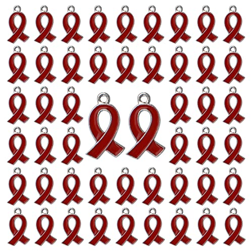 CRAFFANCY 50 Stück rote Schleifen-Anhänger, Herzkrankheiten, HIV/AIDS Bewusstseins-Medikamentenprävention, DUI Bewusstseinsband-Anhänger für die Schmuckherstellung von CRAFFANCY