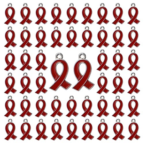 CRAFFANCY 50 Stück rote Schleifen-Anhänger, Herzkrankheiten, HIV/AIDS Bewusstseins-Medikamentenprävention, DUI Bewusstseinsband-Anhänger für die Schmuckherstellung von CRAFFANCY