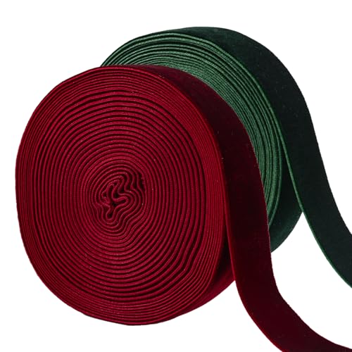 CRAFFANCY Dunkelrotes und dunkelgrünes Samtband, 9,1 m, 2,5 cm, einseitiges Samtband für Weihnachtsdekoration von CRAFFANCY