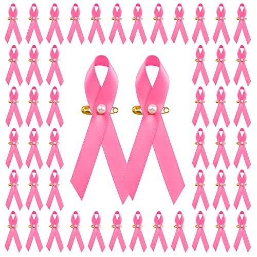 CRAFFANCY Rosa Bänder mit Perle, 100 Stück Satin-Nadeln für Brustkrebs-Bewusstseins-Bandnadeln, rosa Band-Brosche mit Sicherheitsnadeln für Dekoration, Party, Event von CRAFFANCY