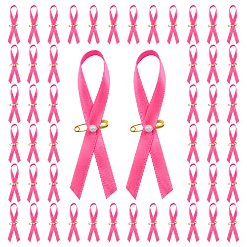 CRAFFANCY Rosa Schleifenband, 100 Stück Satin-Nadeln Brustkrebs-Bewusstseins-Schleifen-Brosche mit Perlen-Sicherheitsnadeln für Damen und Herren von CRAFFANCY