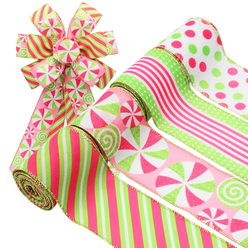 CRAFLOX Pastellfarbenes Weihnachtsband für Kranzschleifen, 4 Rollen, Pfefferminzbonbons, Drahtband, 6,3 cm breit, insgesamt 20 m, rosa und grün gestreiftes Muster für Bastelbedarf, DIY-Schleifen CRAFLOX Pastellfarbenes Weihnachtsband für Kranzschleifen, 4 Rollen, Pfefferminzbonbons, Drahtband, 6,3 cm breit, insgesamt 20 m, rosa und grün gestreiftes Muster für Bastelbedarf, DIY-Schleifen von CRAFLOX