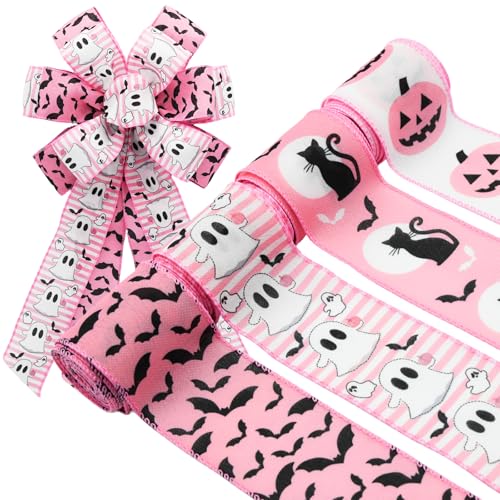 Craflox Pinkes Halloween-Band für Kranzschleifen, 4 Rollen, 6,3 cm breit, insgesamt 20 Meter, pastellfarben, Halloween-Geist-Bänder für Bastelbedarf, Kürbis-Katzenband Craflox Pinkes Halloween-Band für Kranzschleifen, 4 Rollen, 6,3 cm breit, insgesamt 20 Meter, pastellfarben, Halloween-Geist-Bänder für Bastelbedarf, Kürbis-Katzenband von CRAFLOX